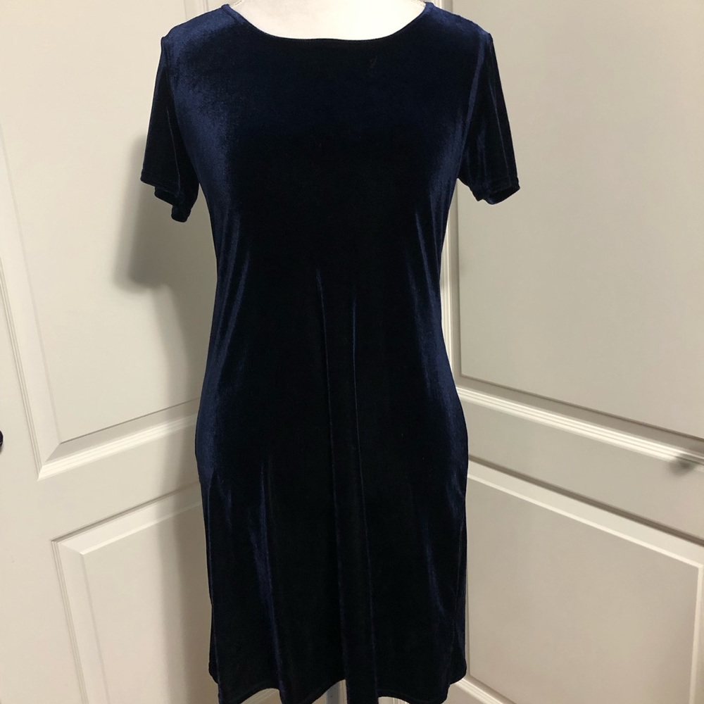 vintage blue velvet velour short sleeve dress